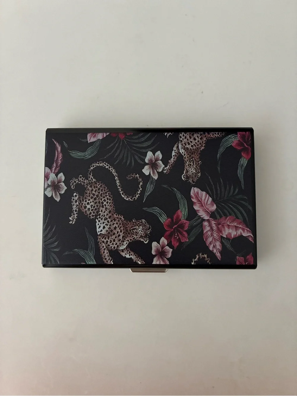 Floral Leopard Card Case - Black with Pink Accents